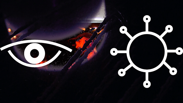 Eye and virus pictographs over a dark video image from eye, virus