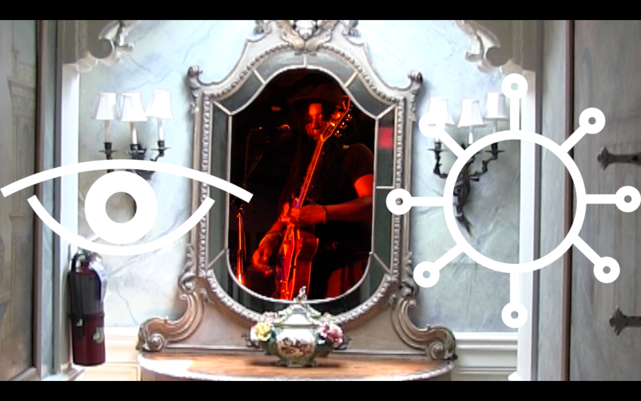 Still from eye, virus showing a musician reflected in an ornate mirror with white pictographic symbols overlaid
