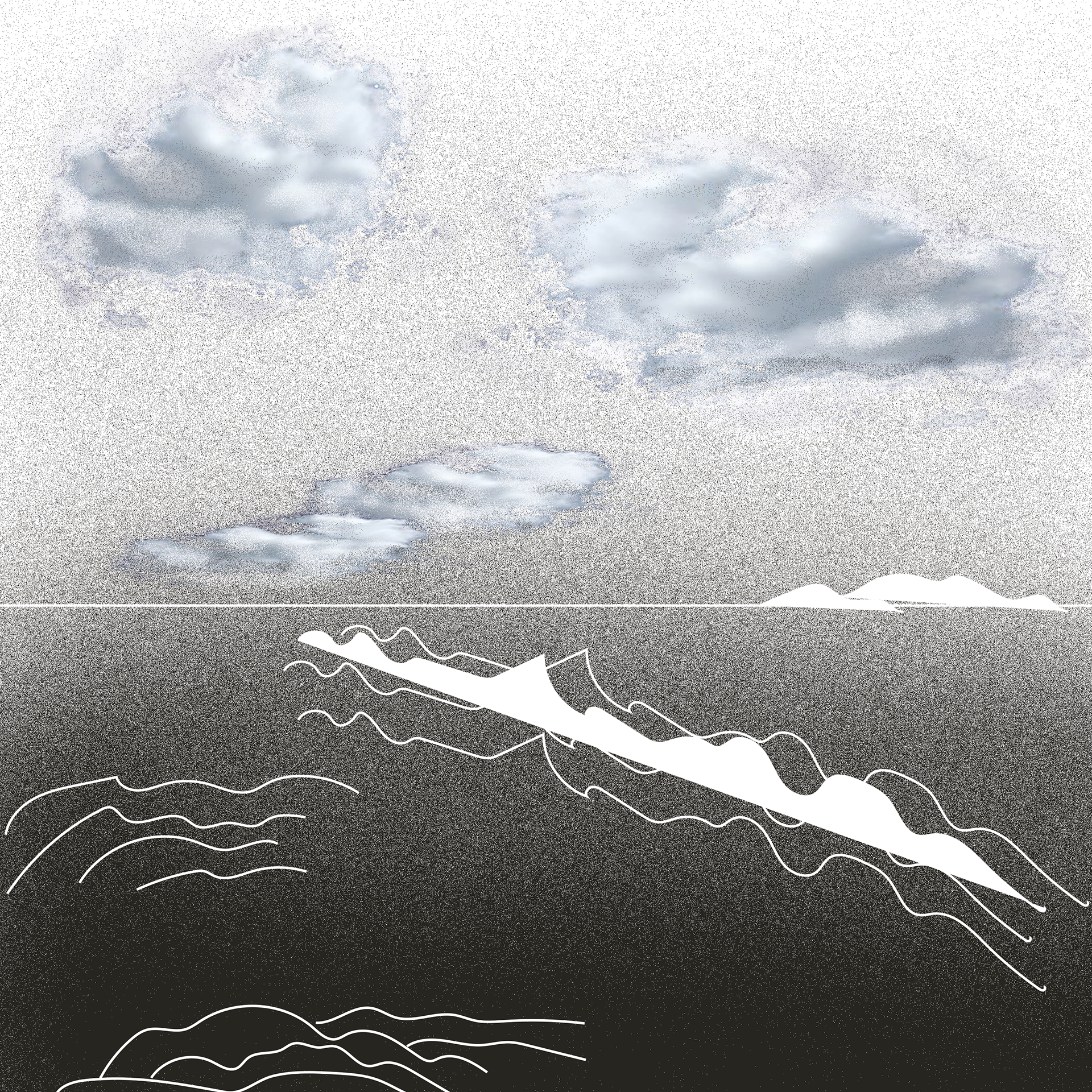 Dithered black-and-white ocean horizon with pale clouds and white abstract wave-like forms