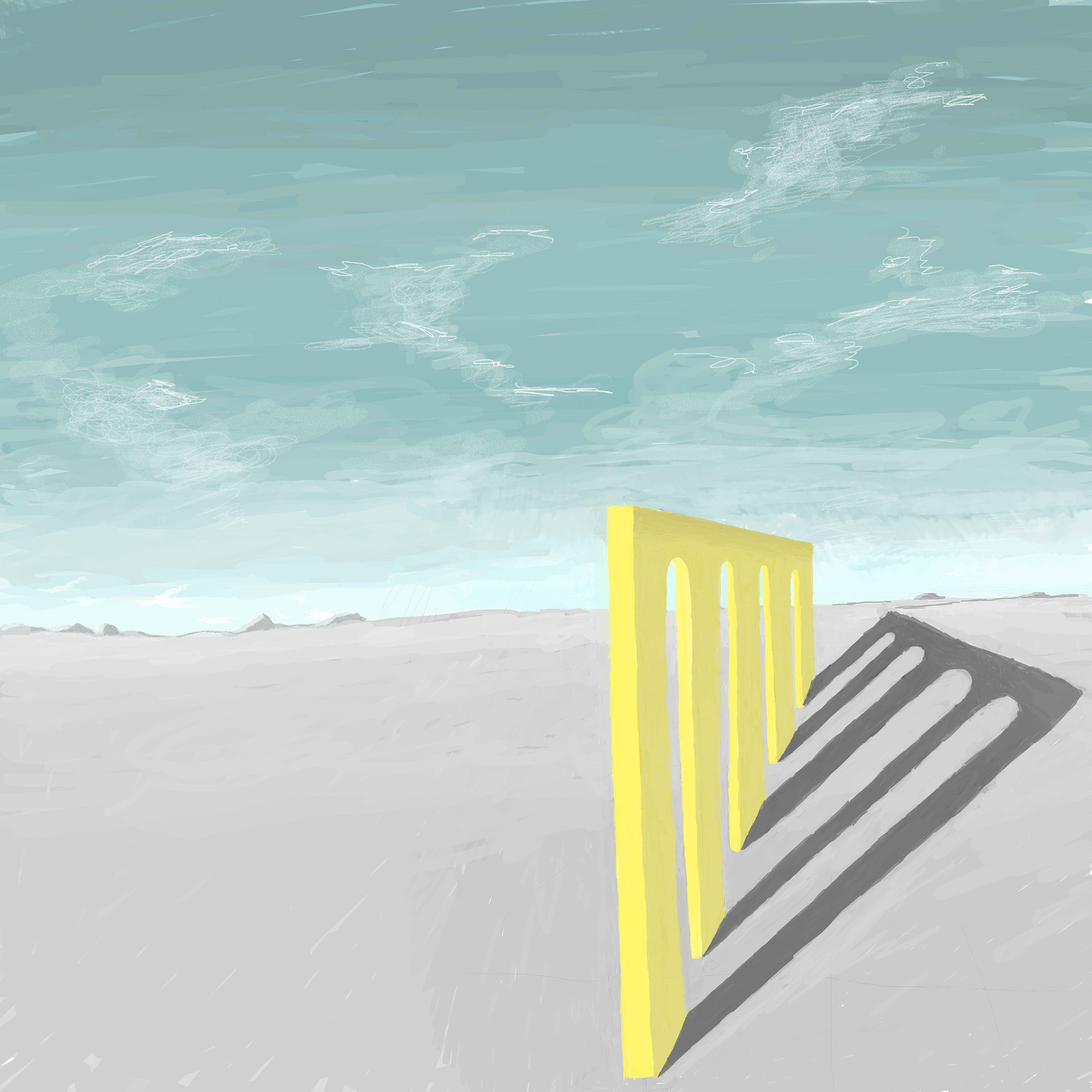Digital landscape with a yellow architectural form casting a striped shadow beneath a pale blue sky