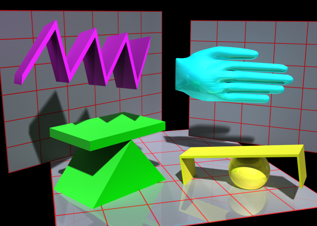 Colorful 3D rendering with abstract geometric symbols and a cyan hand