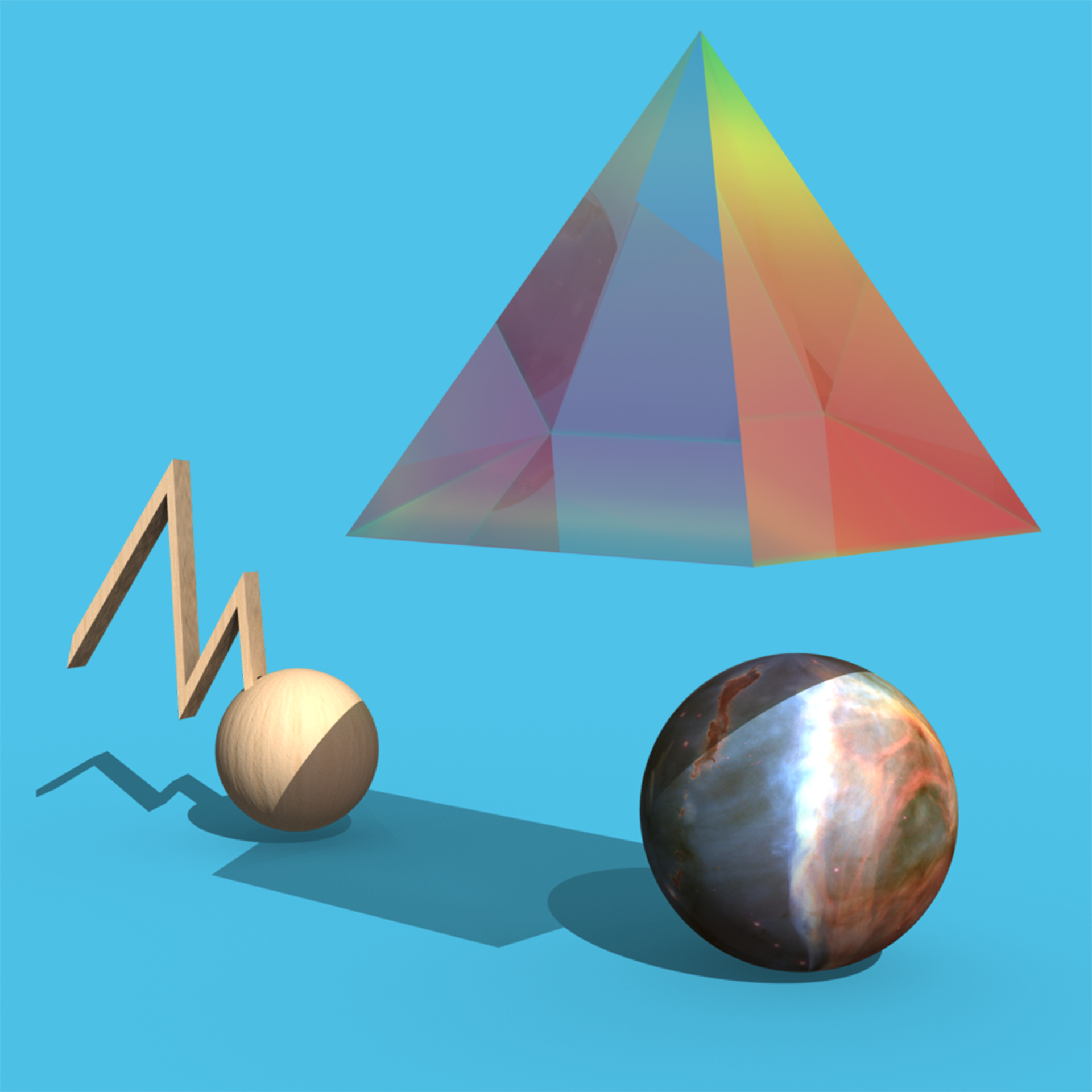 3D rendering on a cyan ground with a translucent pyramid, spheres, and angular glyph-like forms