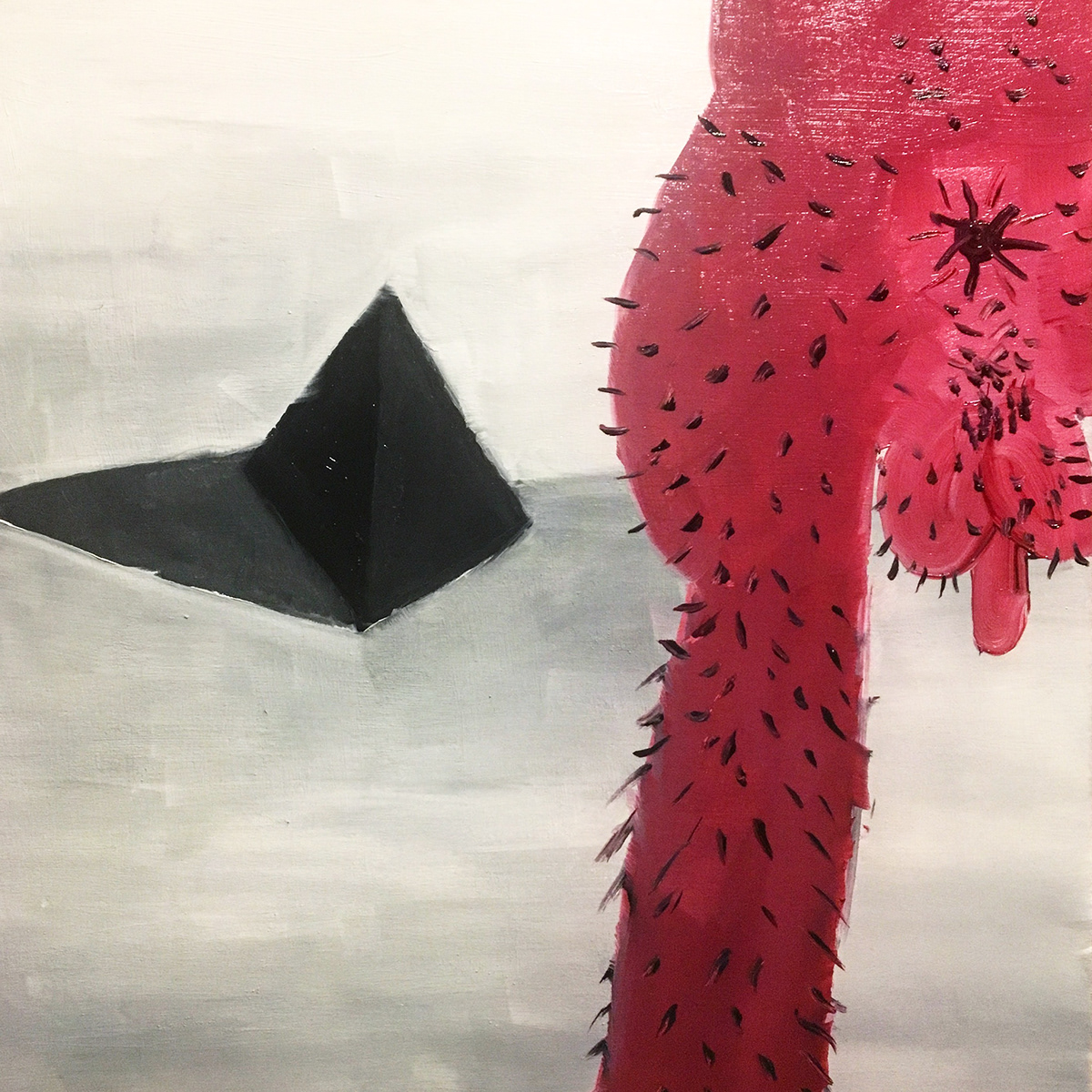 Painting with a black pyramid casting a shadow beside a cropped pink figure