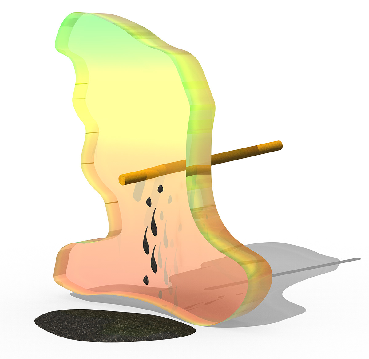 Translucent abstract figure pierced by a wooden dowel with dark drops falling beneath it
