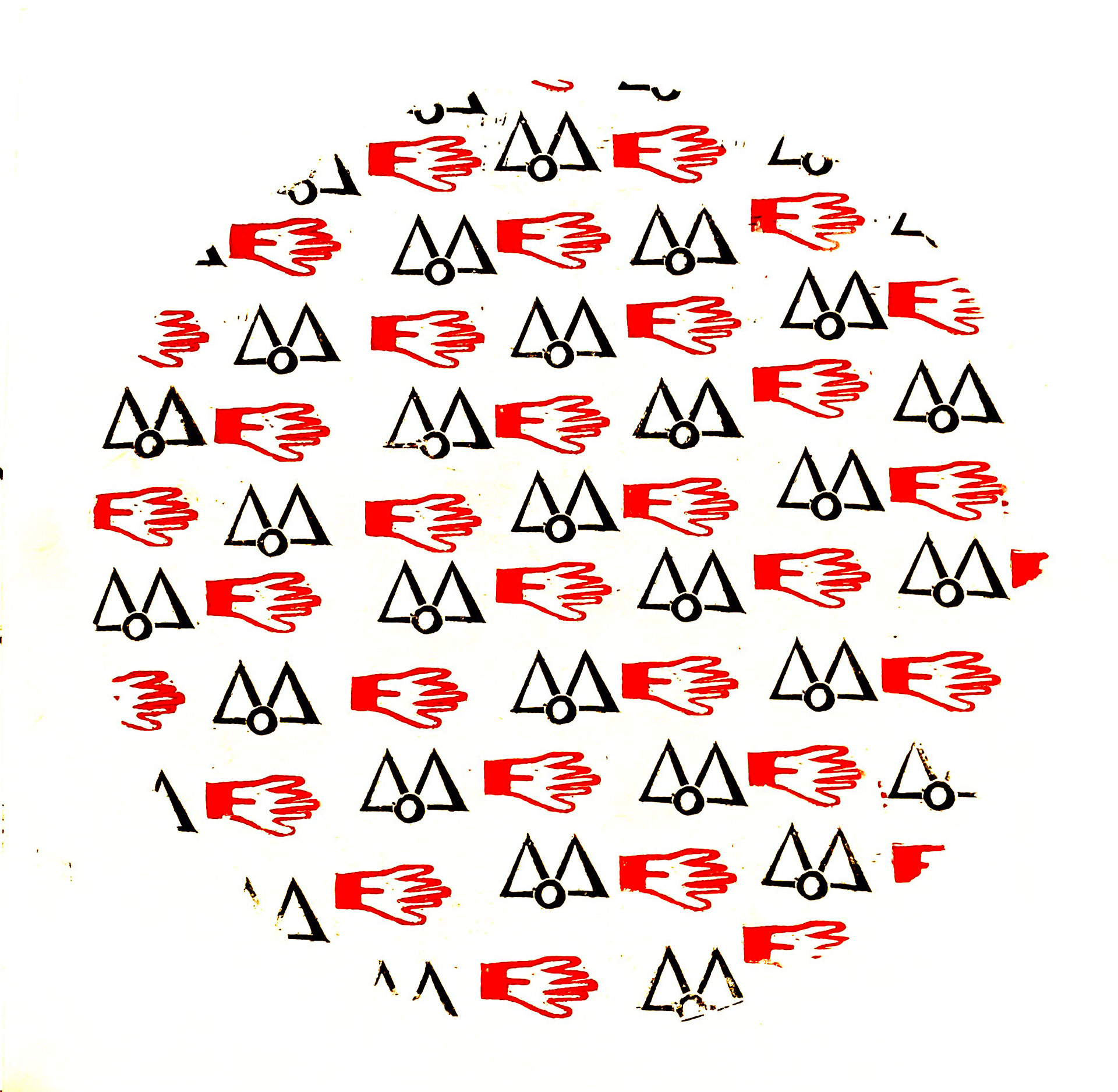 Linocut print from Typography of an Unknown Language using repeated invented glyphs in black and red ink