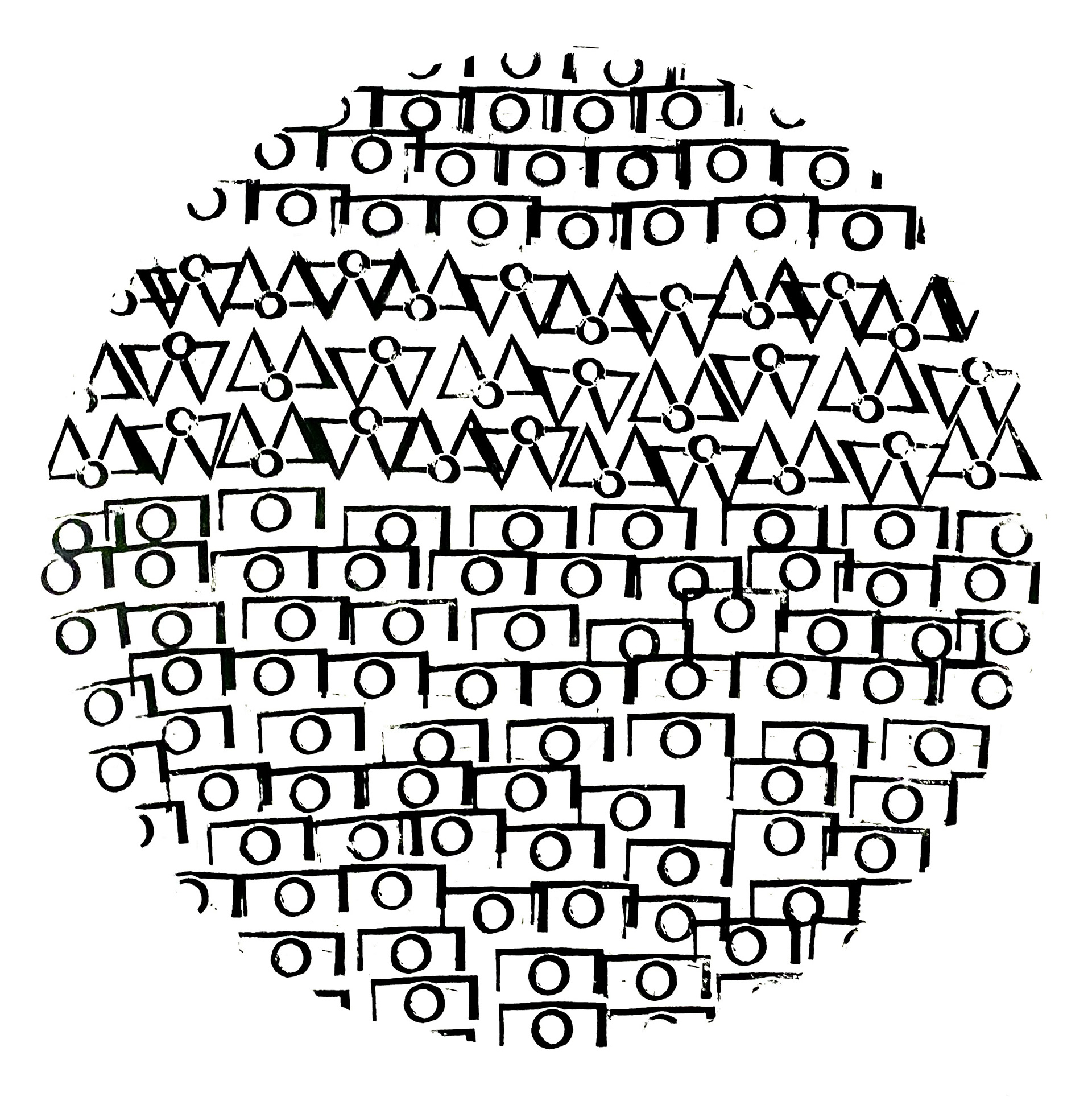 Linocut print from Typography of an Unknown Language using repeated invented glyphs in black and red ink