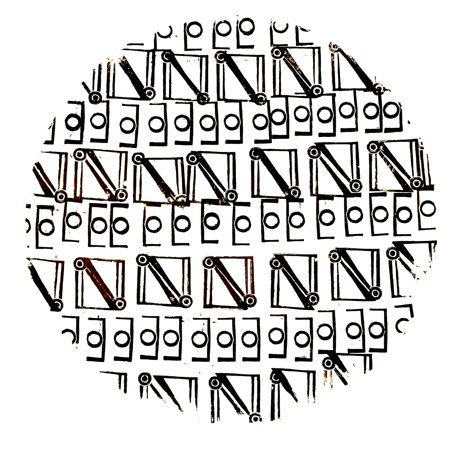 Linocut print from Typography of an Unknown Language using repeated invented glyphs in black and red ink