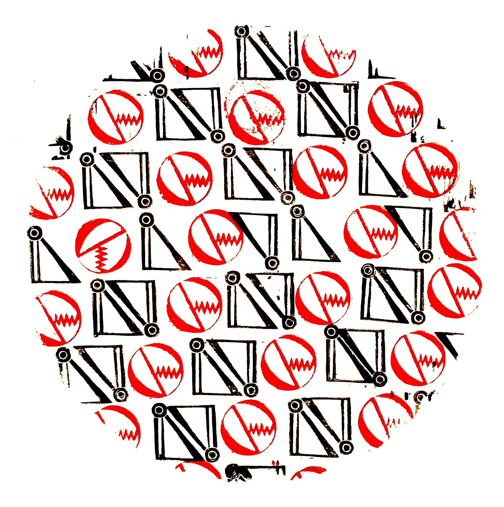 Linocut print from Typography of an Unknown Language using repeated invented glyphs in black and red ink