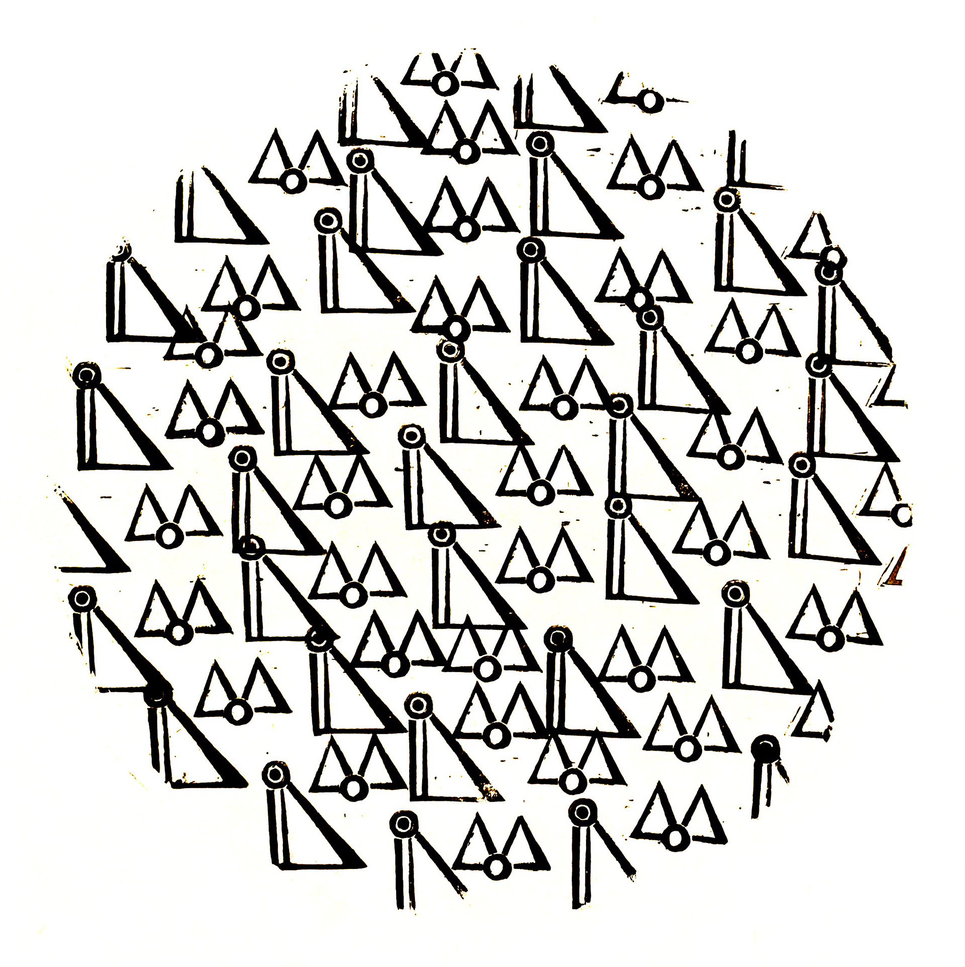 Linocut print from Typography of an Unknown Language using repeated invented glyphs in black and red ink