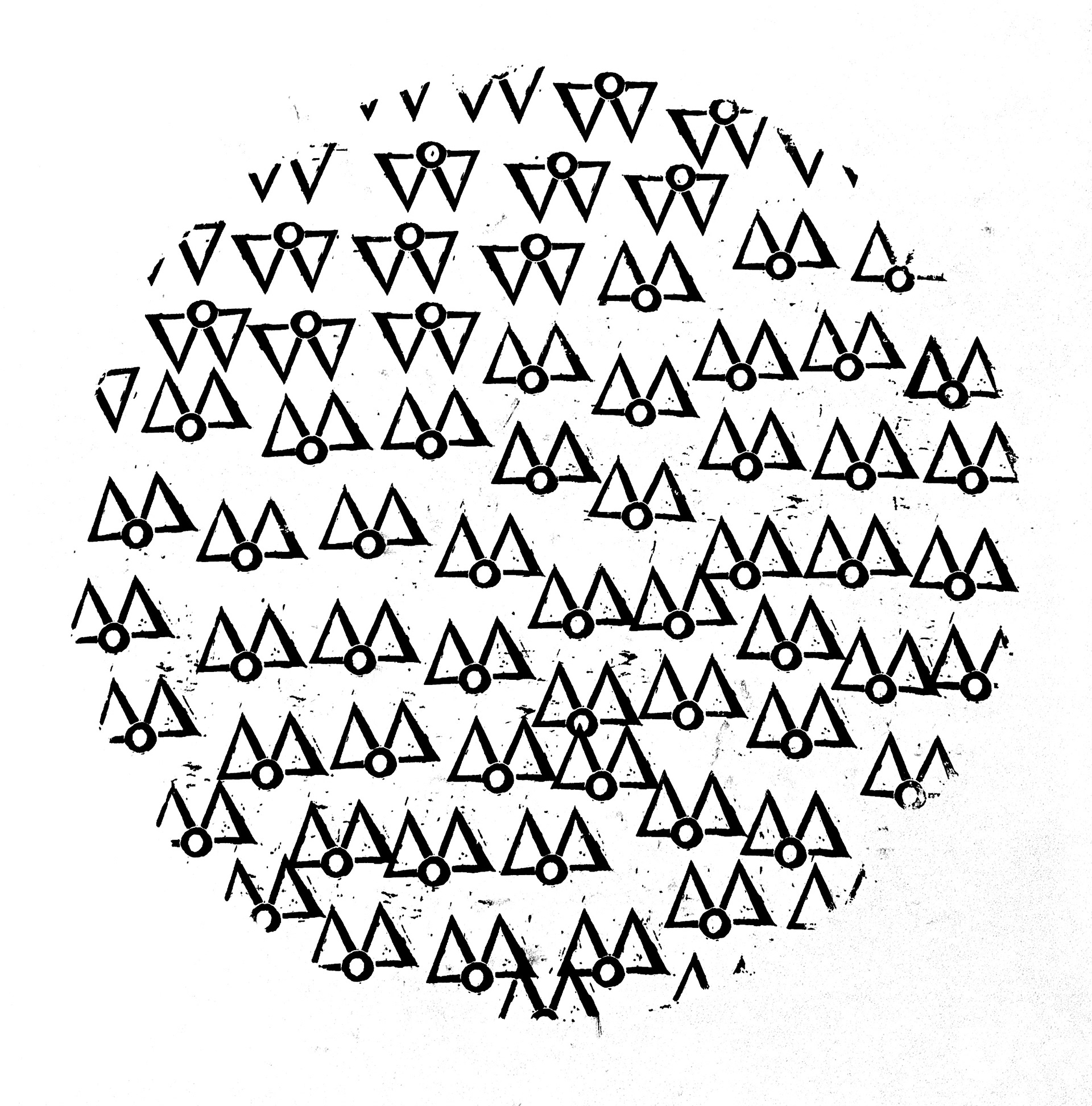 Linocut print from Typography of an Unknown Language using repeated invented glyphs in black and red ink