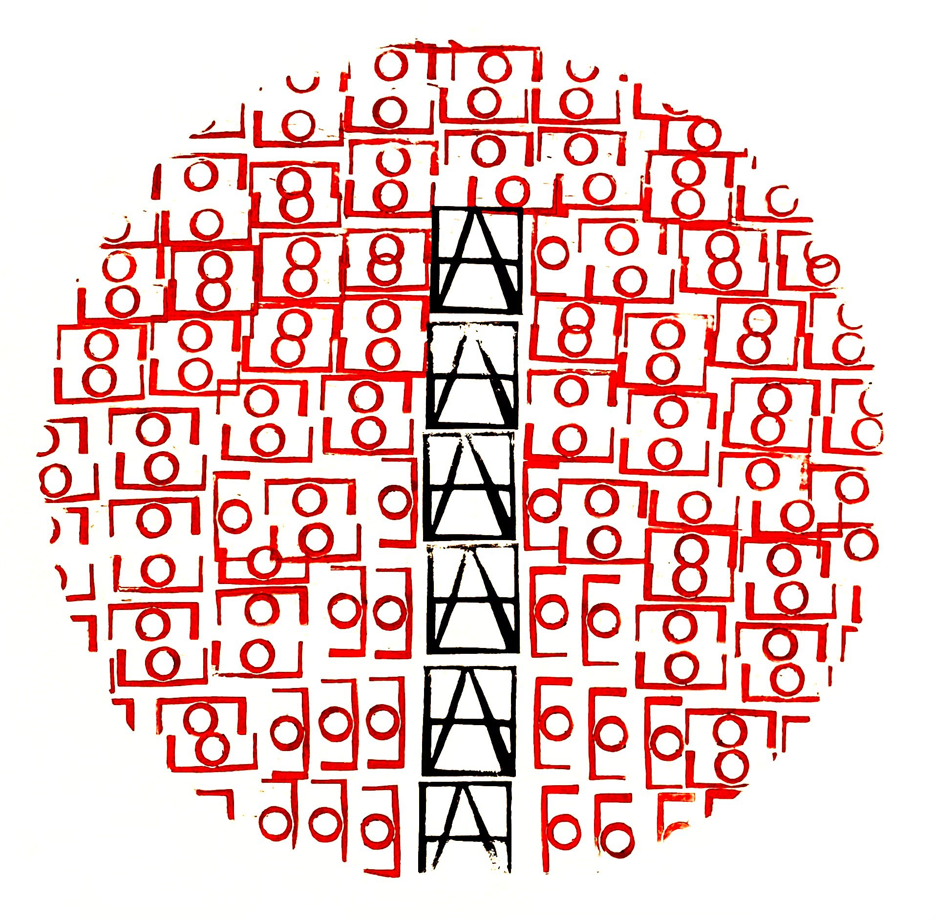 Linocut print from Typography of an Unknown Language using repeated invented glyphs in black and red ink
