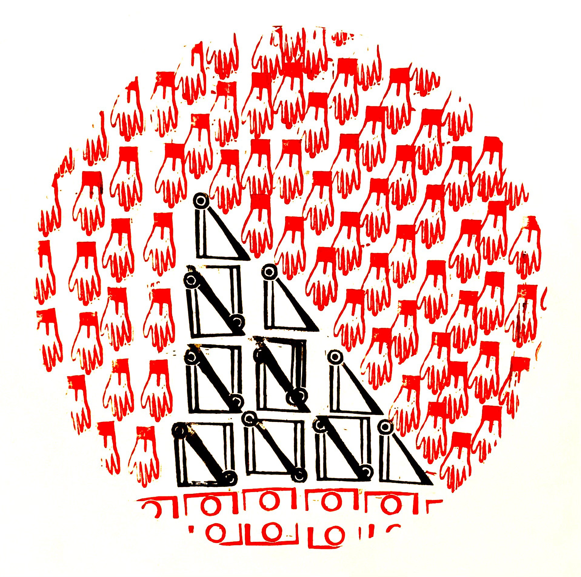 Linocut print from Typography of an Unknown Language using repeated invented glyphs in black and red ink