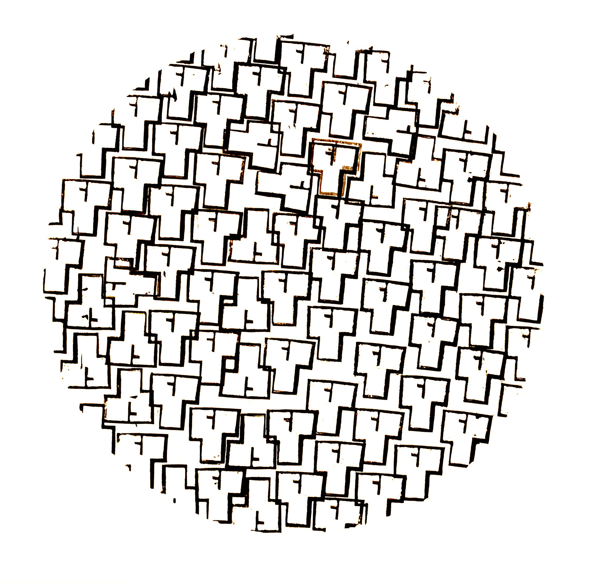 Linocut print from Typography of an Unknown Language using repeated invented glyphs in black and red ink