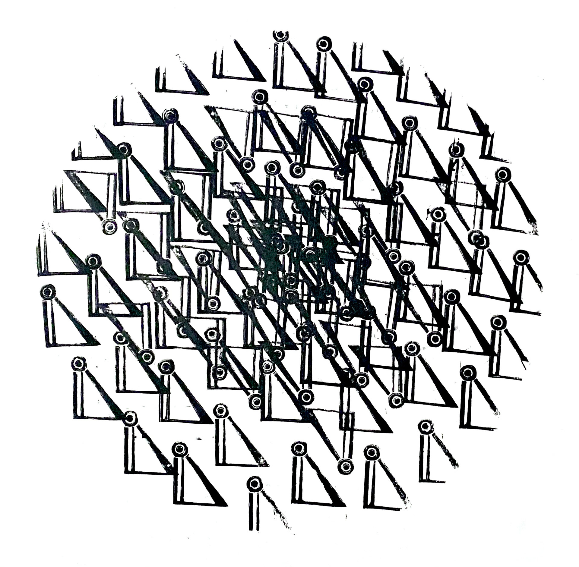 Linocut print from Typography of an Unknown Language using repeated invented glyphs in black and red ink