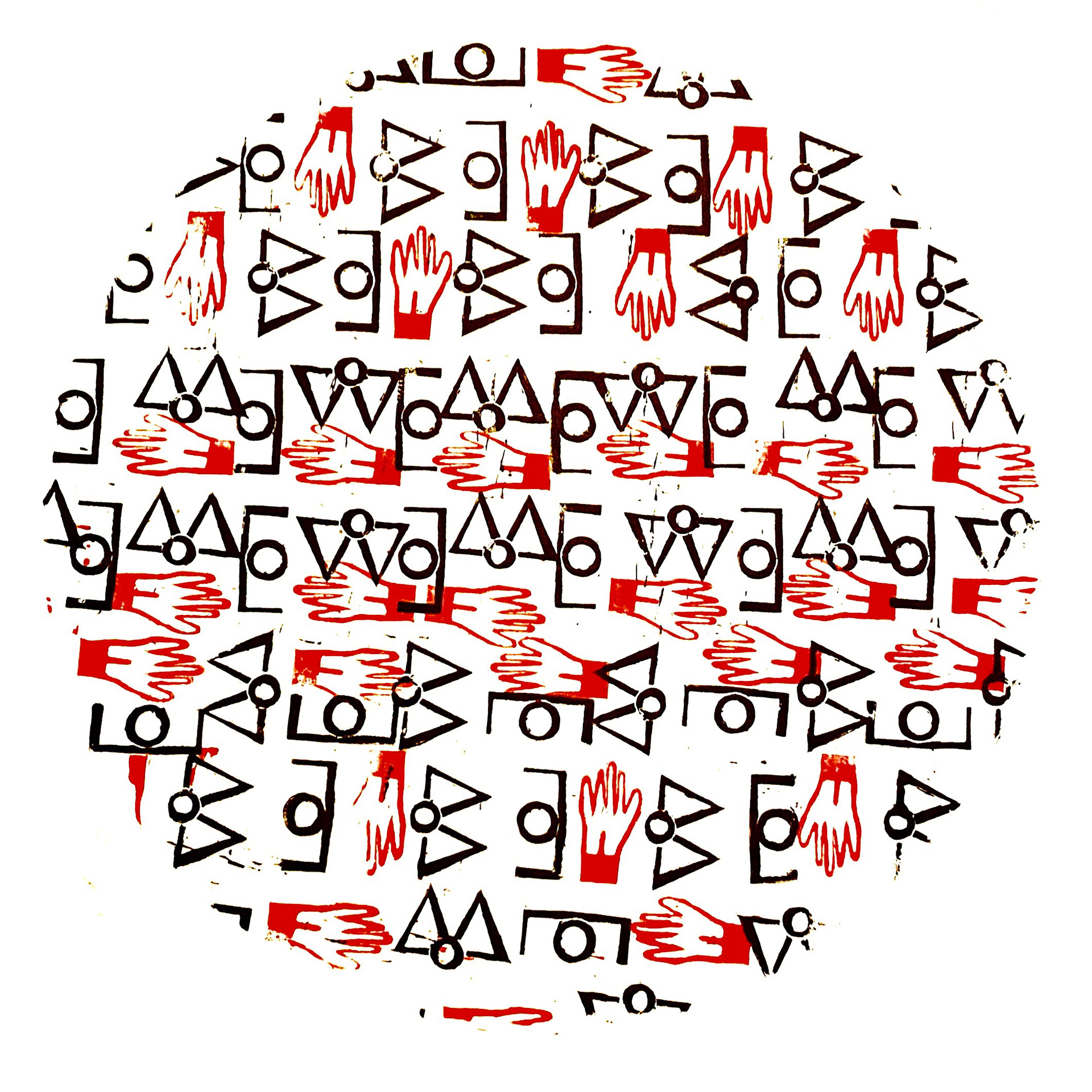 Linocut print from Typography of an Unknown Language using repeated invented glyphs in black and red ink